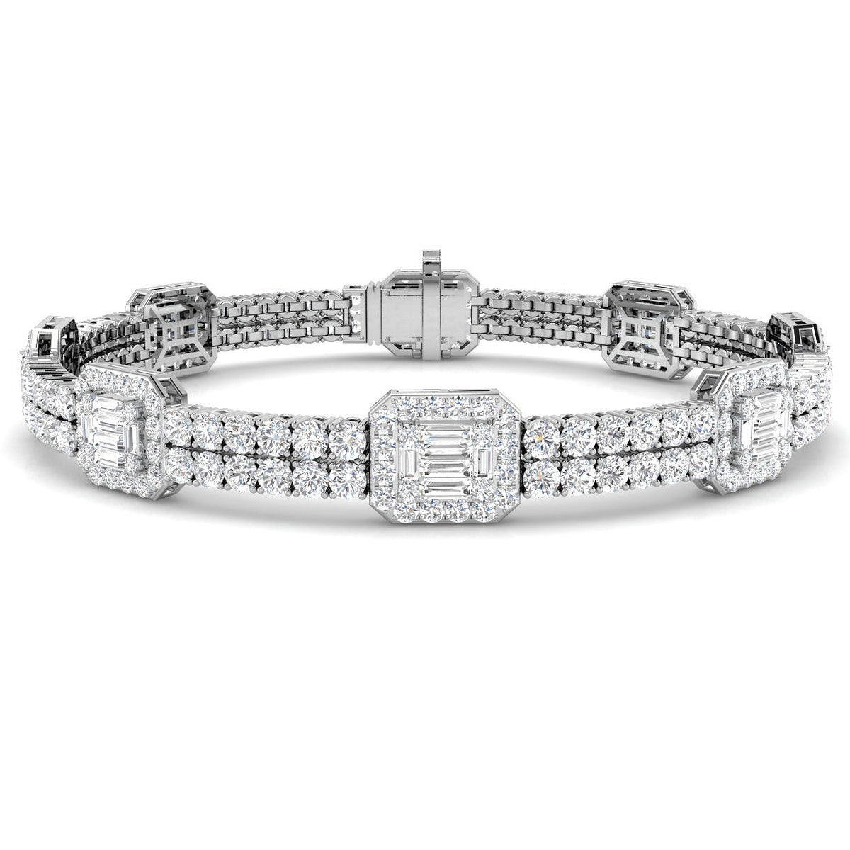 Luxury Round & Baguette Natural Diamond Bracelet in Platinum | Pave Set Emerald Style