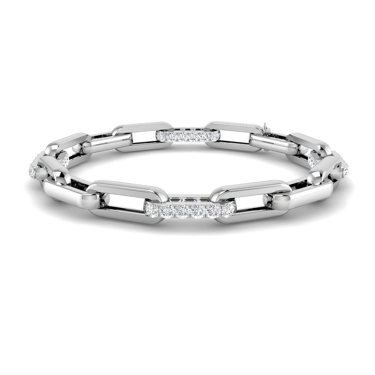 18K White Gold Natural Diamond Link Bracelet with Pave Bar Accents and Secure Clasp