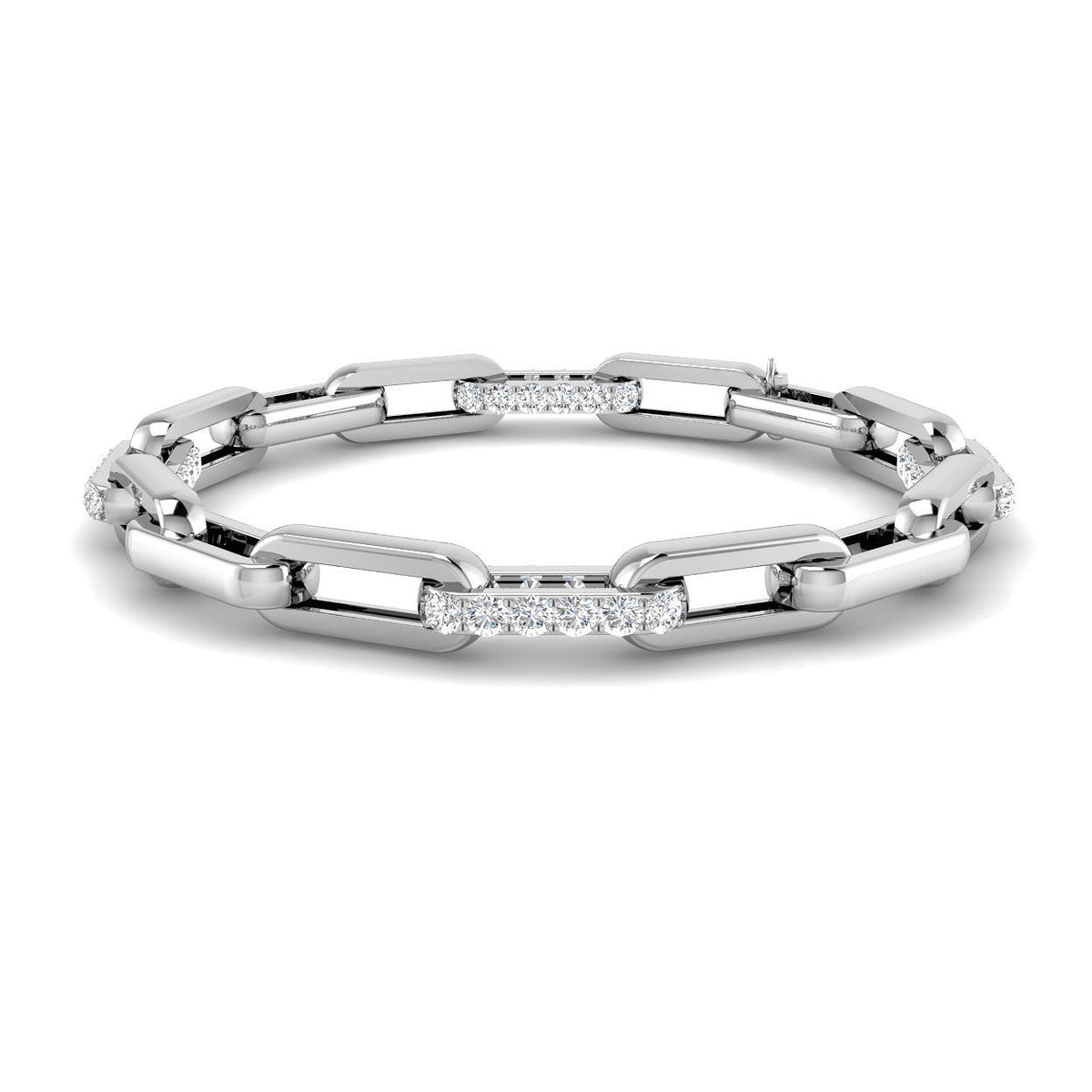 18K White Gold Natural Diamond Link Bracelet with Pave Bar Accents and Secure Clasp