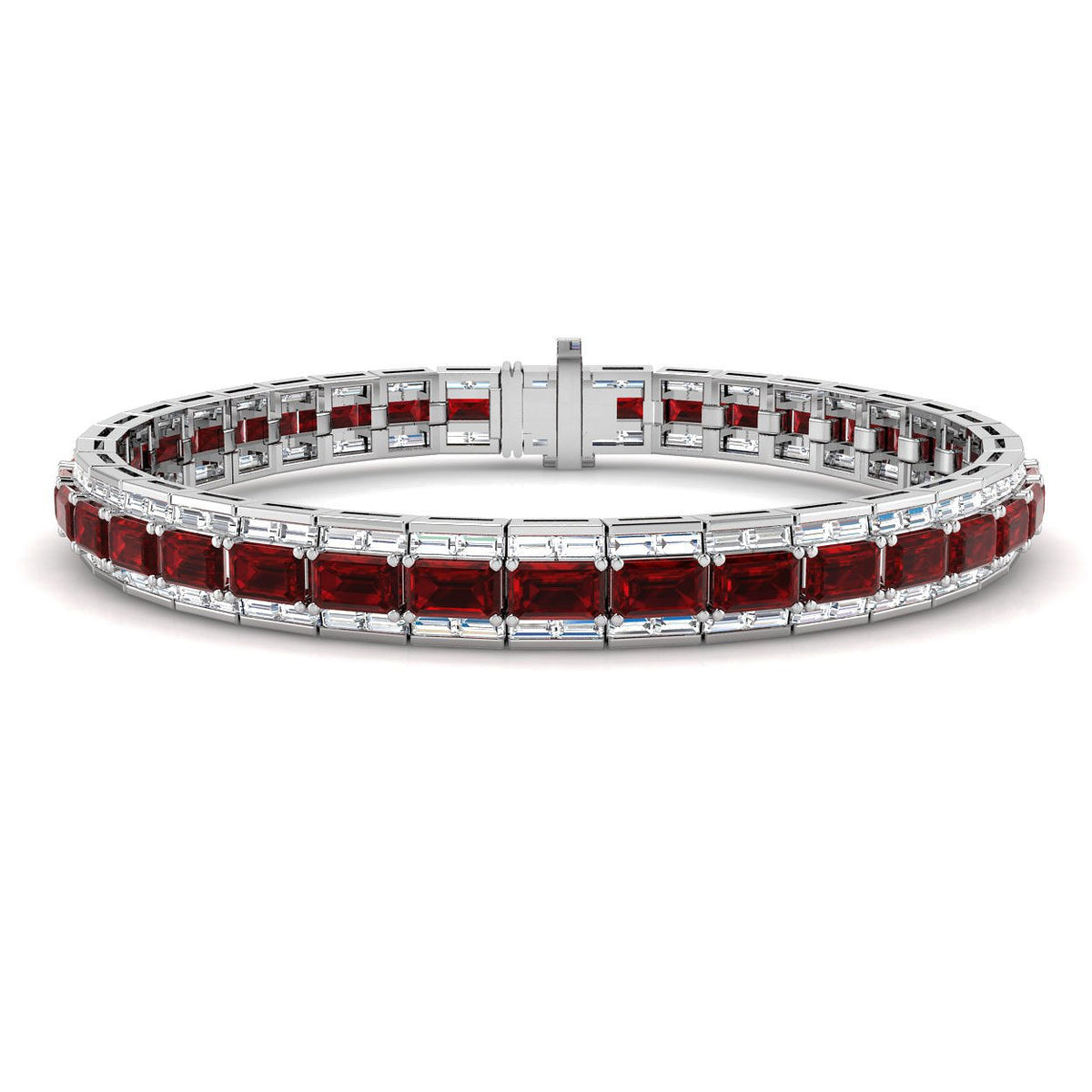 Emerald Cut Ruby Birthstone and Baguette Diamond Tennis Bracelet in 18K White Gold