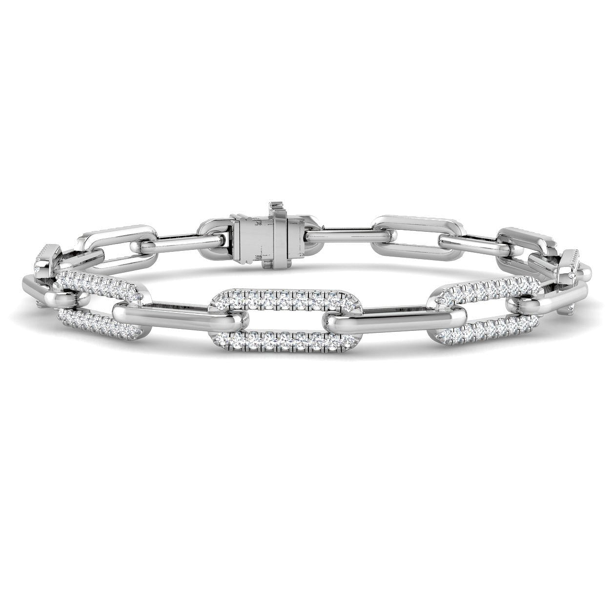 9K White Gold Lab Grown Diamond Oval Link Bracelet, Pavé Accent Oval Link Lab Diamond Bracelet