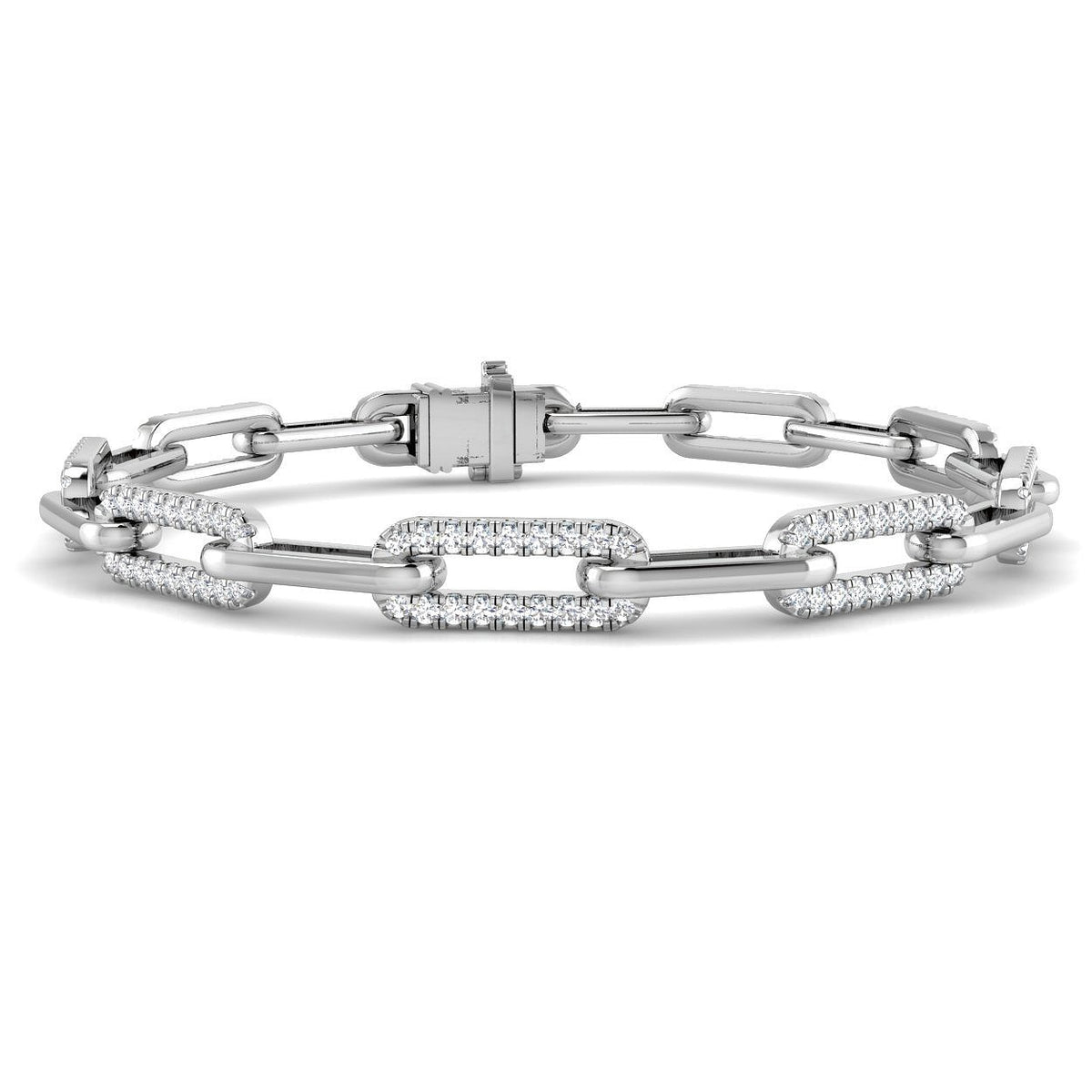 9K White Gold Lab Grown Diamond Oval Link Bracelet, Pavé Accent Oval Link Lab Diamond Bracelet