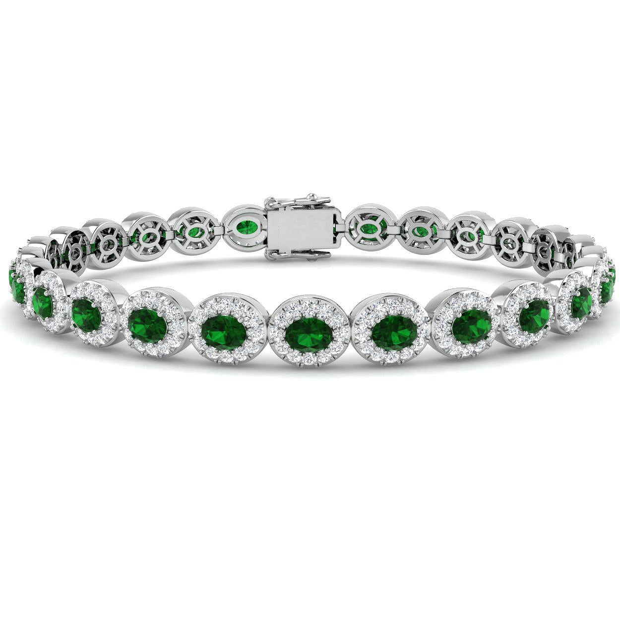 Oval Cut Emerald Gemstone Halo Set Diamond Tennis Bracelet in 18K White Gold