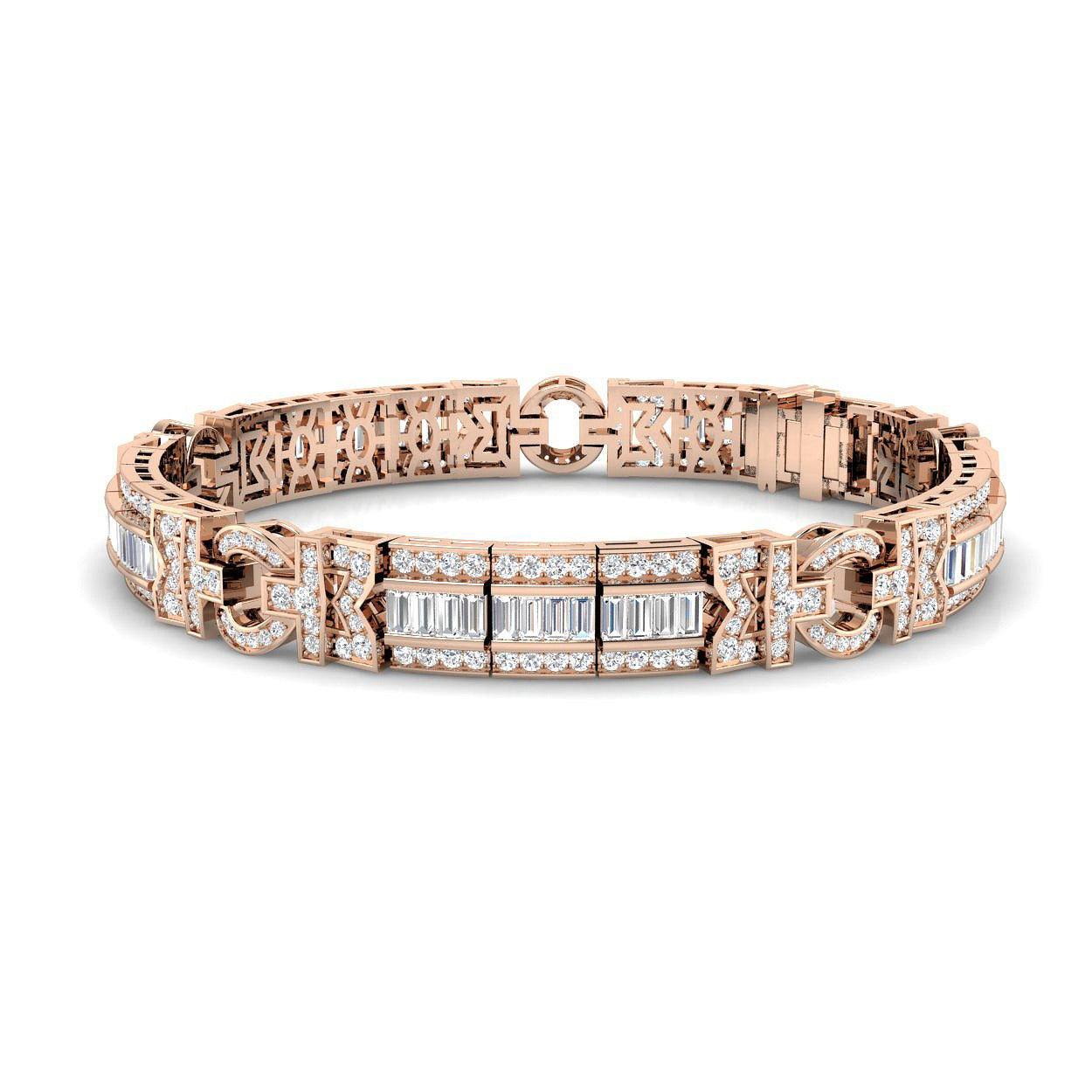 Natural Baguette & Round Diamond Vintage Bracelet in Gold & Platinum | Channel & Pave Set