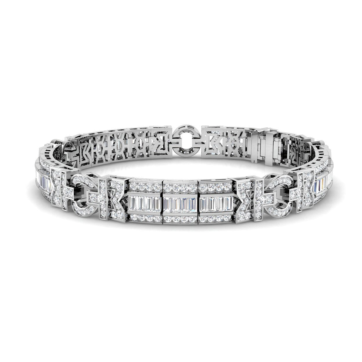 Natural Baguette & Round Diamond Vintage Bracelet in Gold & Platinum | Channel & Pave Set