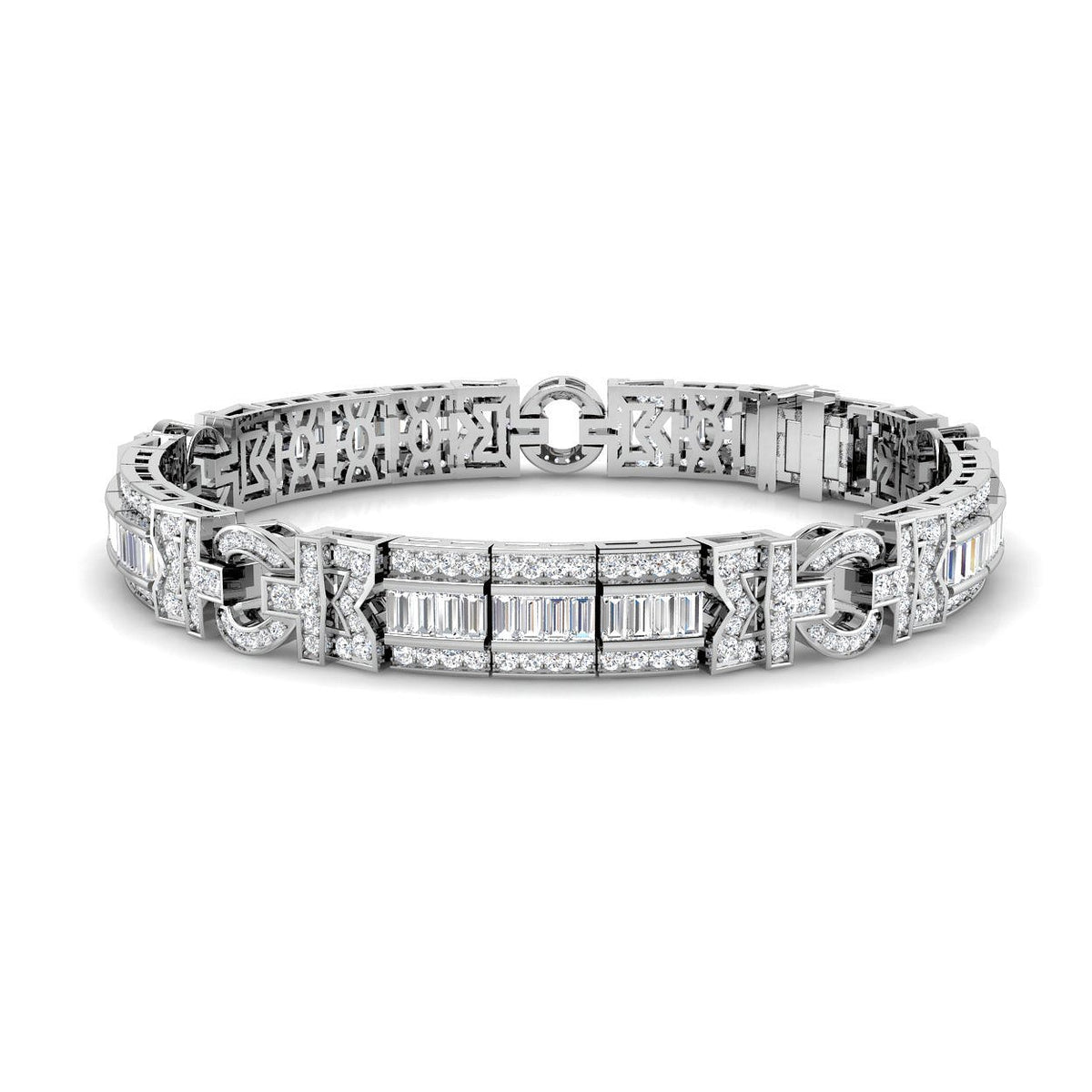 Natural Baguette & Round Diamond Vintage Bracelet in Gold & Platinum | Channel & Pave Set