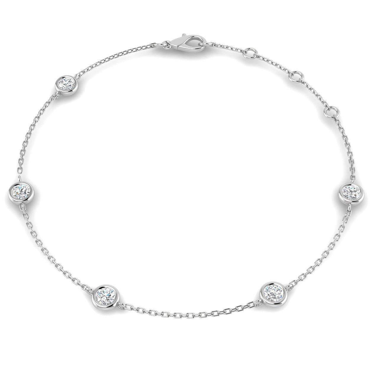 Round Cut Bezel Set Lab Grown Diamond Station Bracelet in 18K White Gold with Lobster Claw