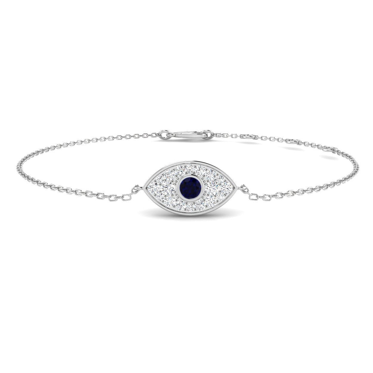 18K White Gold Diamond and Blue Sapphire Evil Eye Bracelet, Luxury White Gold Sapphire and Diamond Bracelet