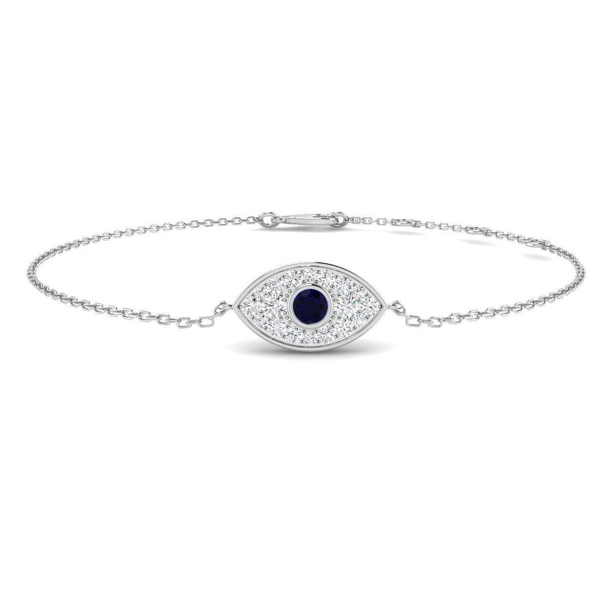 18K White Gold Diamond and Blue Sapphire Evil Eye Bracelet, Luxury White Gold Sapphire and Diamond Bracelet