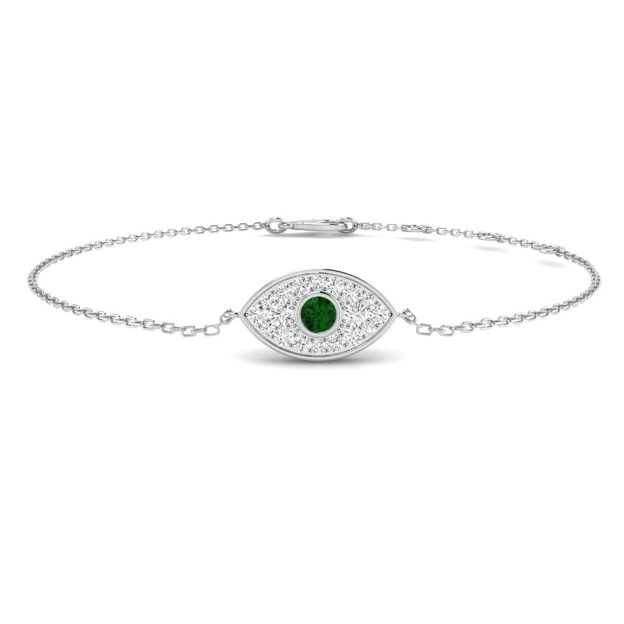 9K Gold Evil Eye Bracelet with Emerald Centre Stone, Emerald and Diamond Evil Eye Bracelet with Lobster Clasp