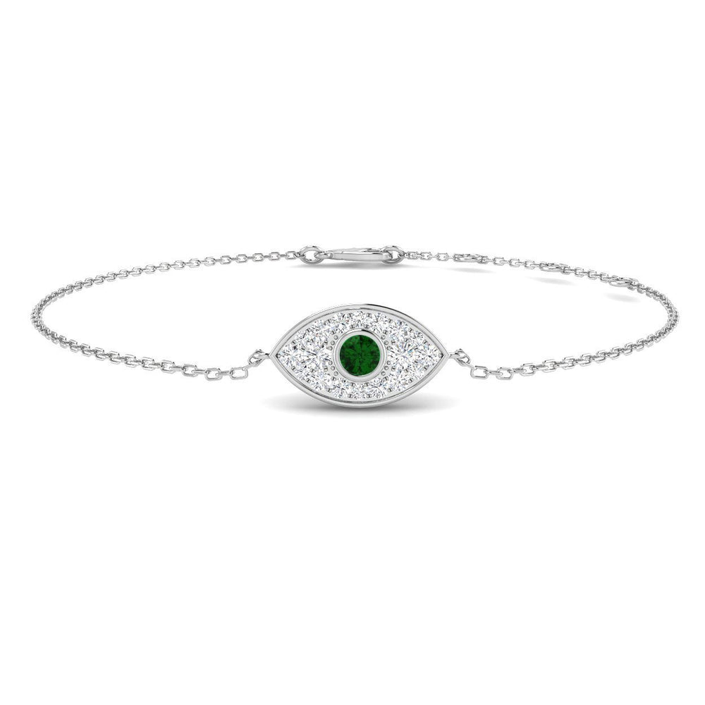 9K Gold Evil Eye Bracelet with Emerald Centre Stone, Emerald and Diamond Evil Eye Bracelet with Lobster Clasp