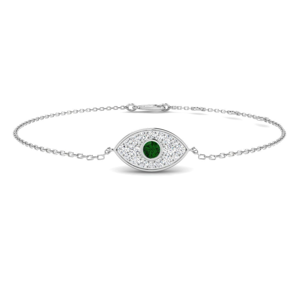 9K Gold Evil Eye Bracelet with Emerald Centre Stone, Emerald and Diamond Evil Eye Bracelet with Lobster Clasp