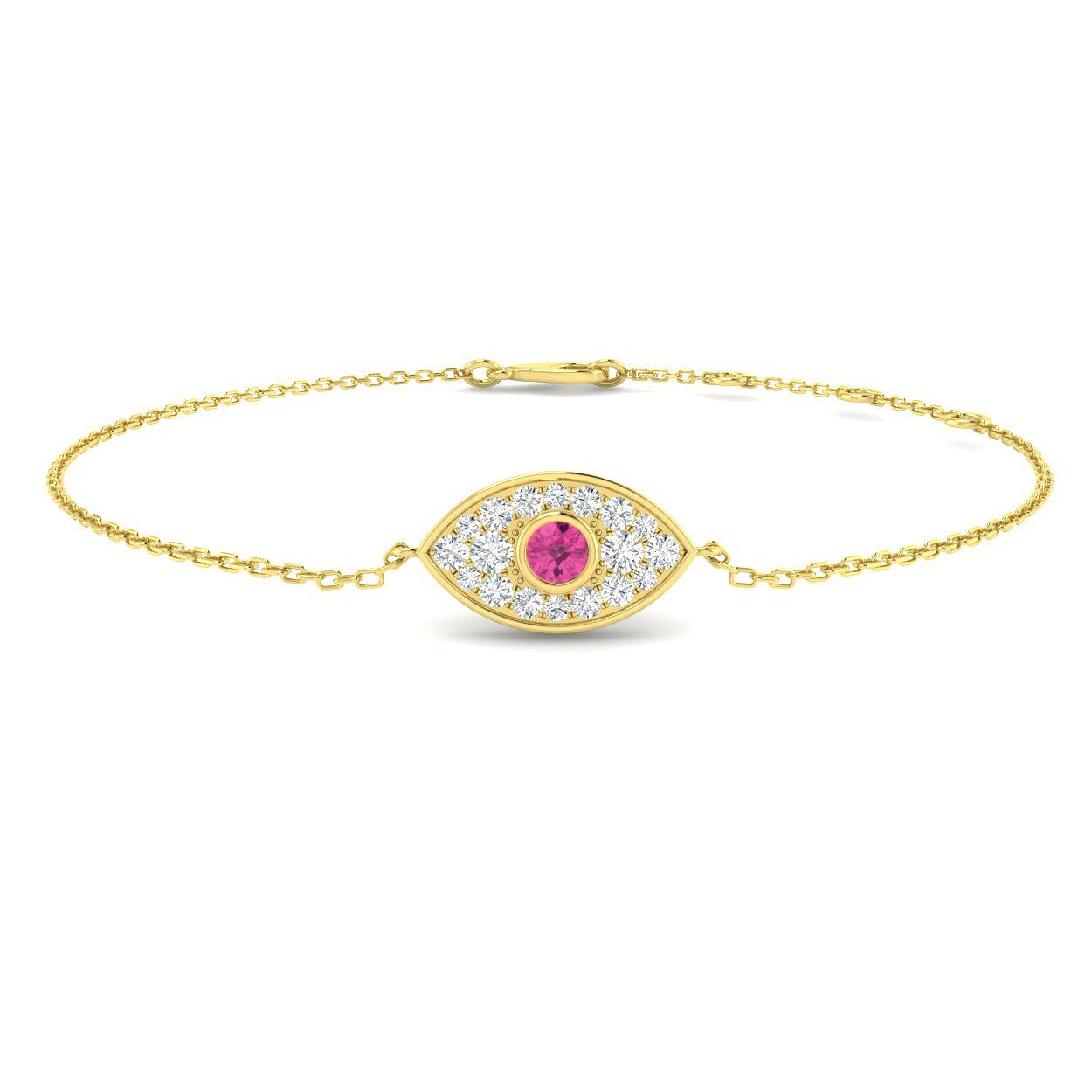 18K White Gold Diamond Pink Sapphire Evil Eye Bracelet, Close Up Pink Sapphire Evil Eye Diamond Setting
