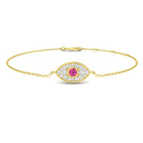 18K White Gold Diamond Pink Sapphire Evil Eye Bracelet, Close Up Pink Sapphire Evil Eye Diamond Setting