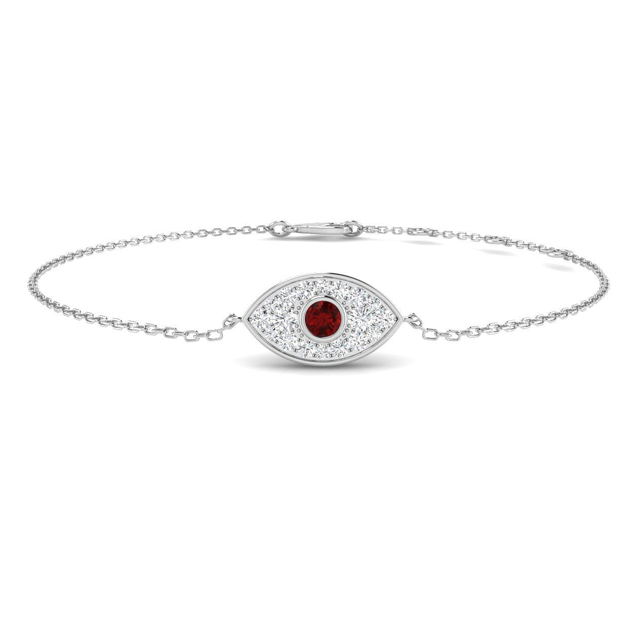 9K White Gold Diamond and Ruby Evil Eye Bracelet, Fine Jewellery Diamond Evil Eye Bracelet