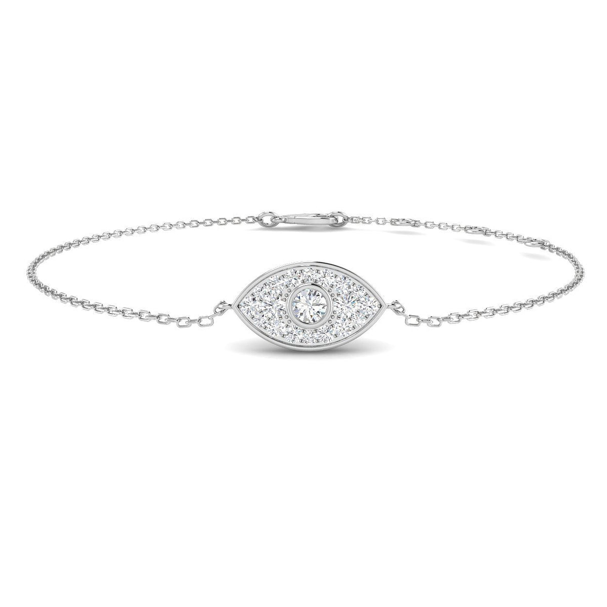 18K White Gold Natural Diamond Evil Eye Bracelet, Halo Cluster Diamond Protection Charm Bracelet