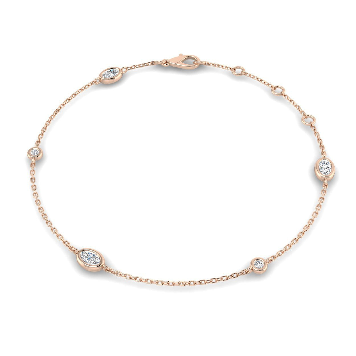 Natural Oval & Round Cut Bezel Set Diamond Station Bracelet in Platinum with Lobster Claw