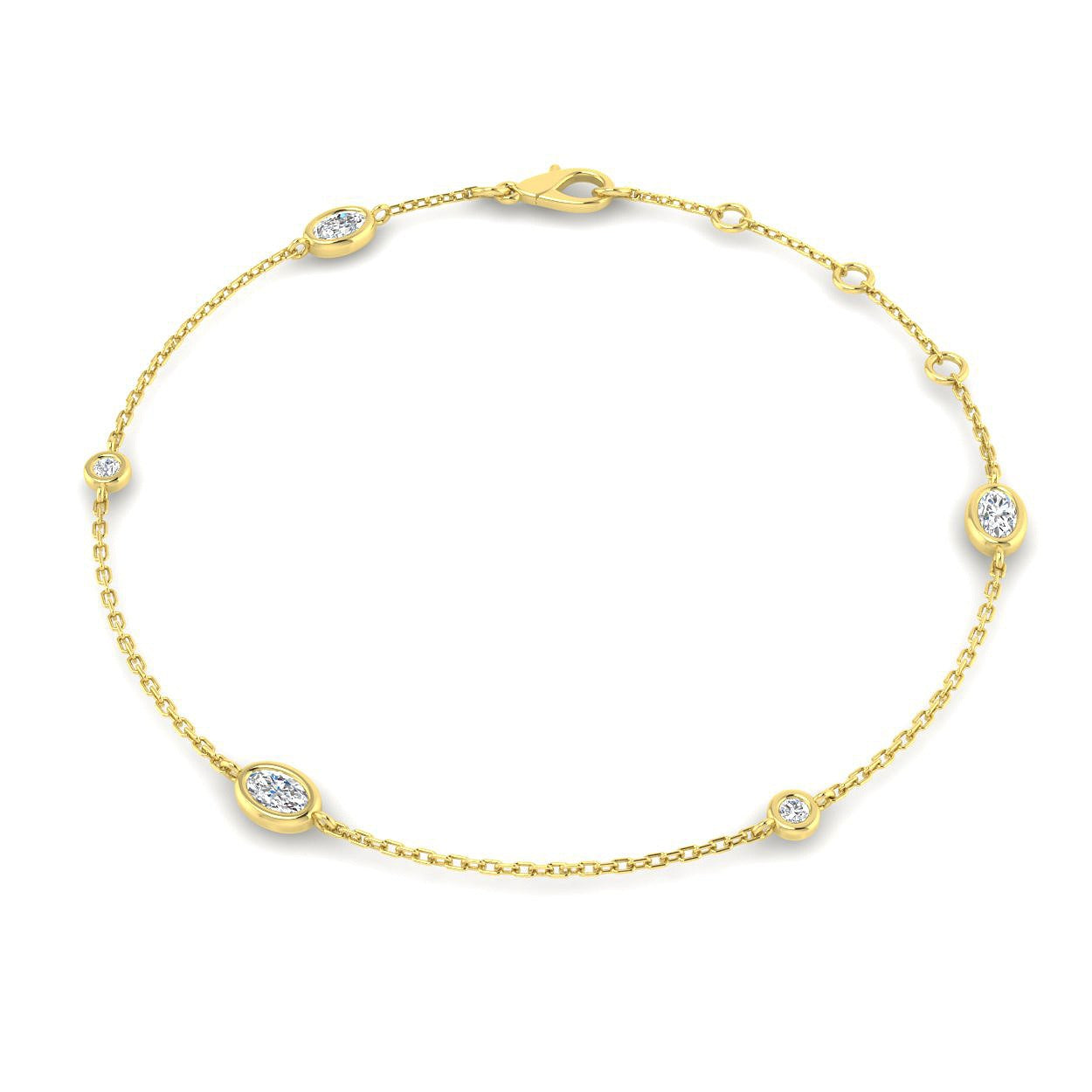 Natural Oval & Round Cut Bezel Set Diamond Station Bracelet in Platinum with Lobster Claw