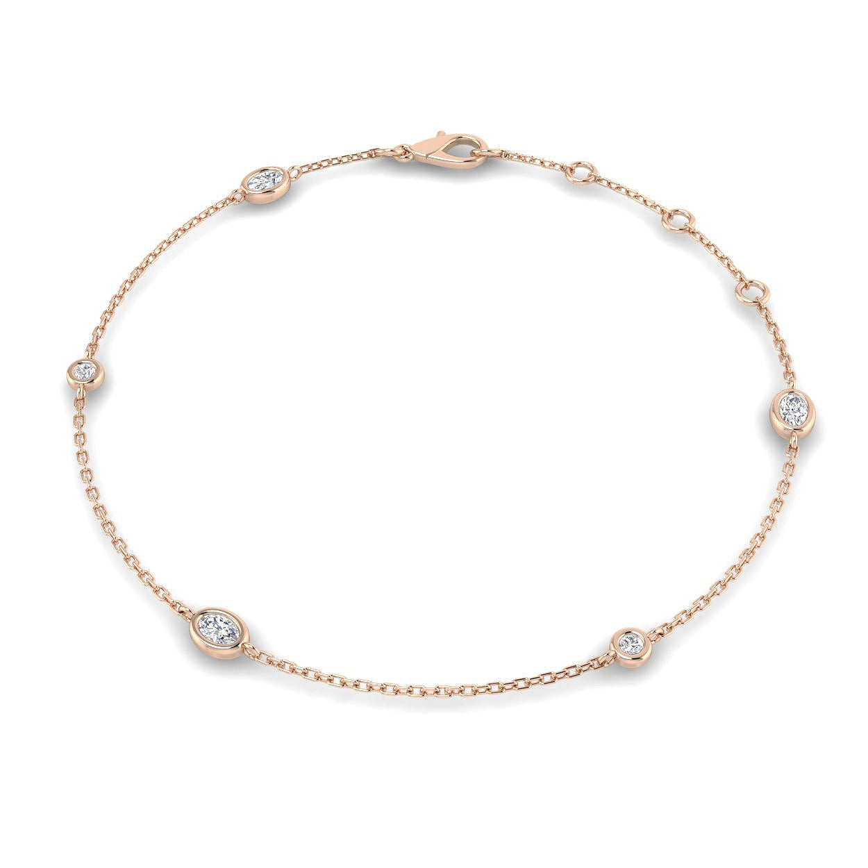 Natural Oval & Round Cut Bezel Set Diamond Station Bracelet in Platinum with Lobster Claw