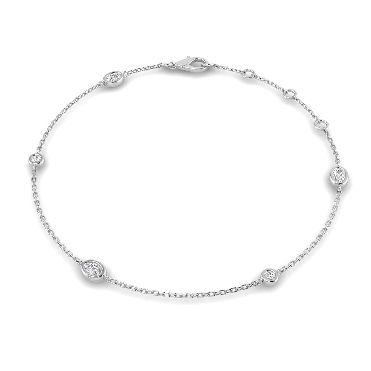 Natural Oval & Round Cut Bezel Set Diamond Station Bracelet in Platinum with Lobster Claw