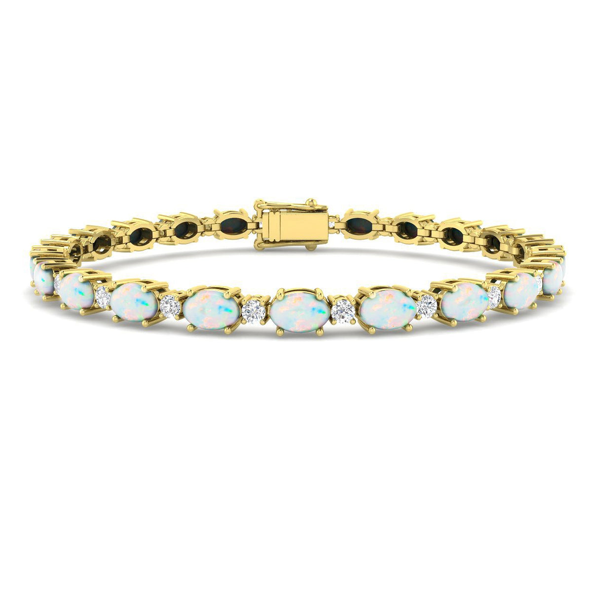 Prong Set Oval Cut Opal Gemstone and Natural Diamond Tennis Bracelet in Solid Gold