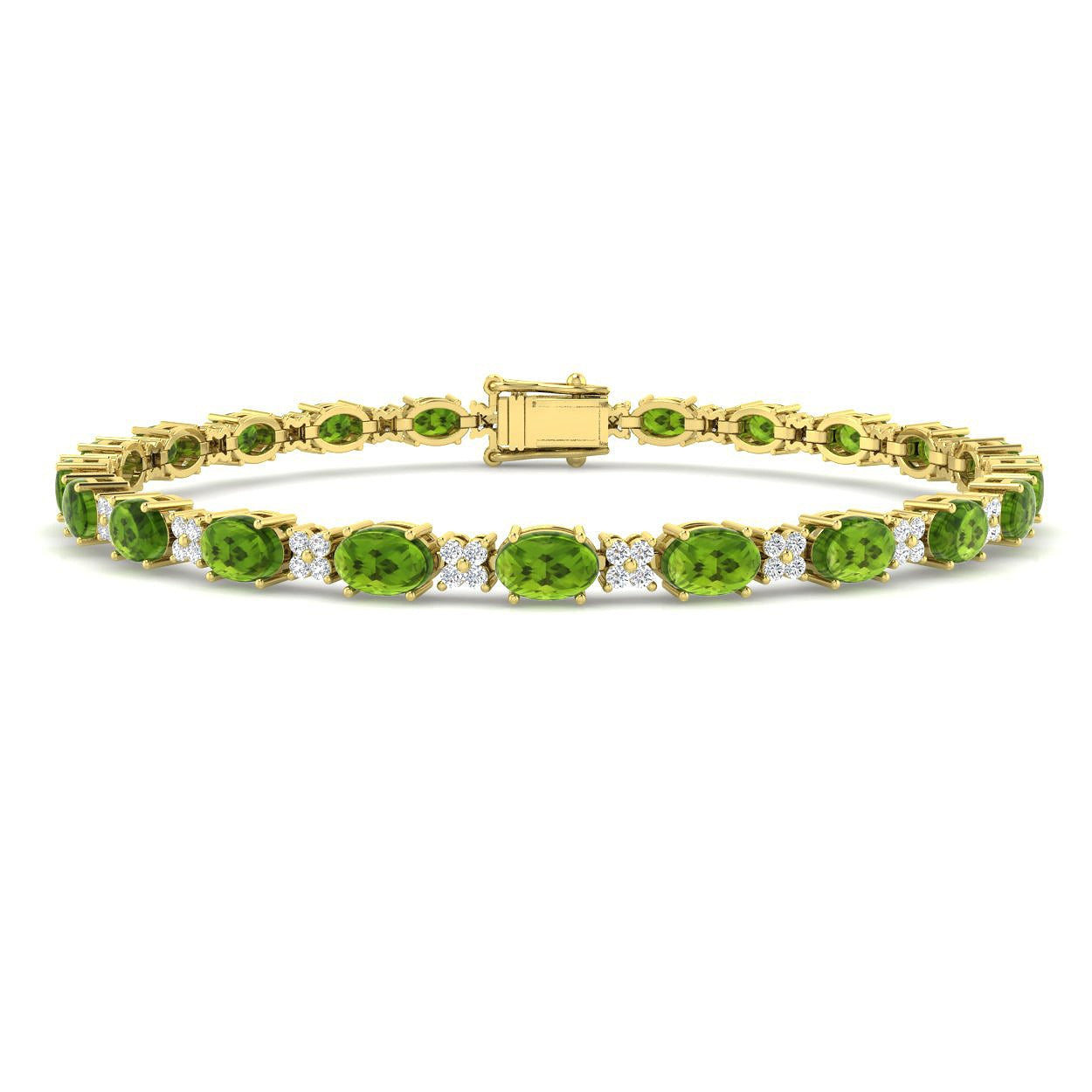 9K Yellow Gold Tennis Bracelet in Prong-Set Oval Cut Peridot and Natural Diamonds