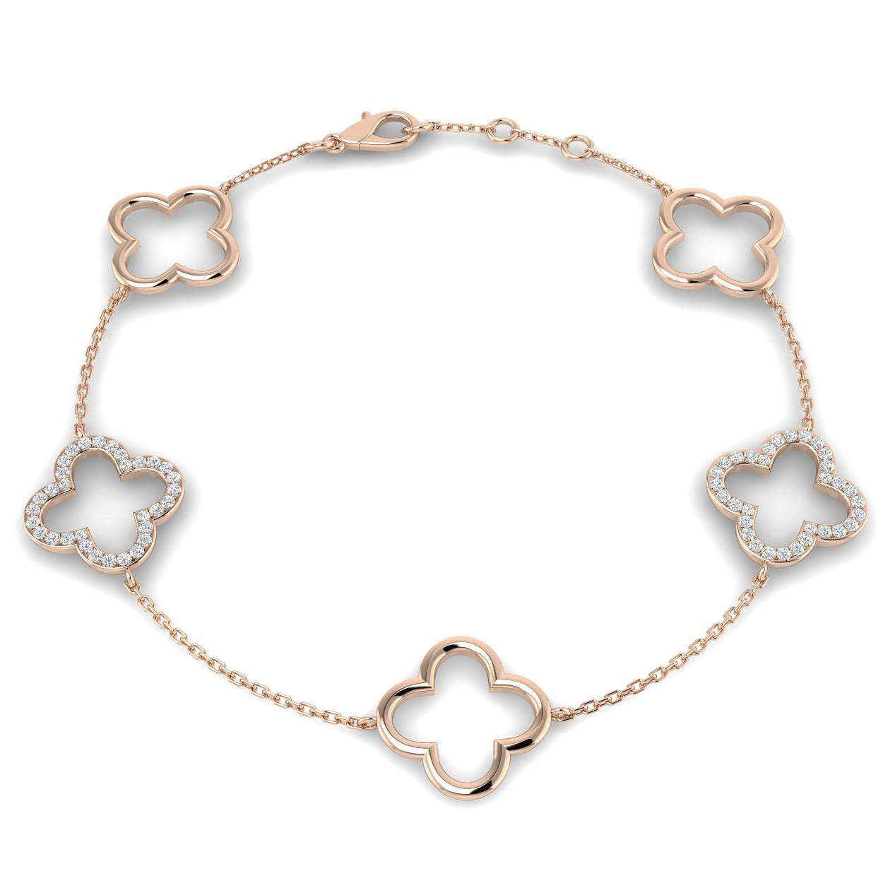 18K Gold Lab Grown Diamond Four Leaf Clover Bracelet – Pave Set with Chain & Lobster Clasp