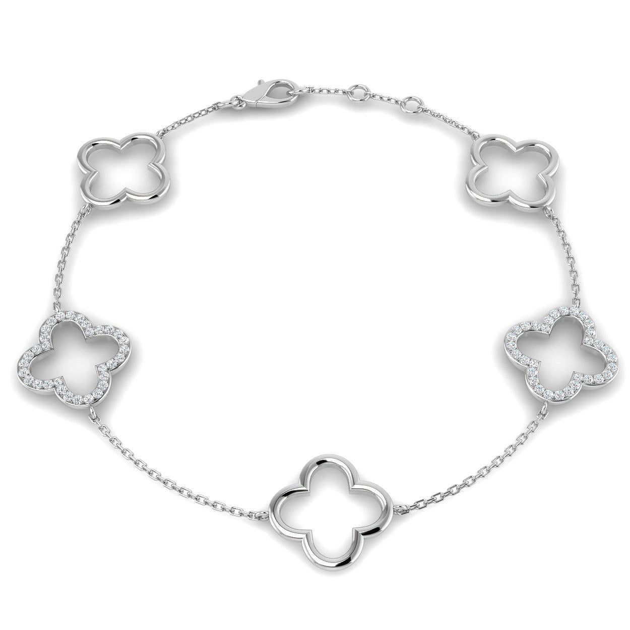 9K White Gold Natural or Lab Grown Diamond Clover Chain Bracelet | Fine Jewellery