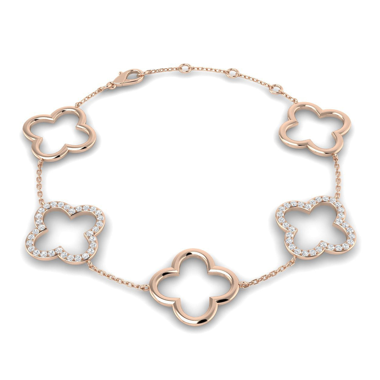 18K Gold Lab Grown Diamond Four Leaf Clover Bracelet – Pave Set with Chain & Lobster Clasp