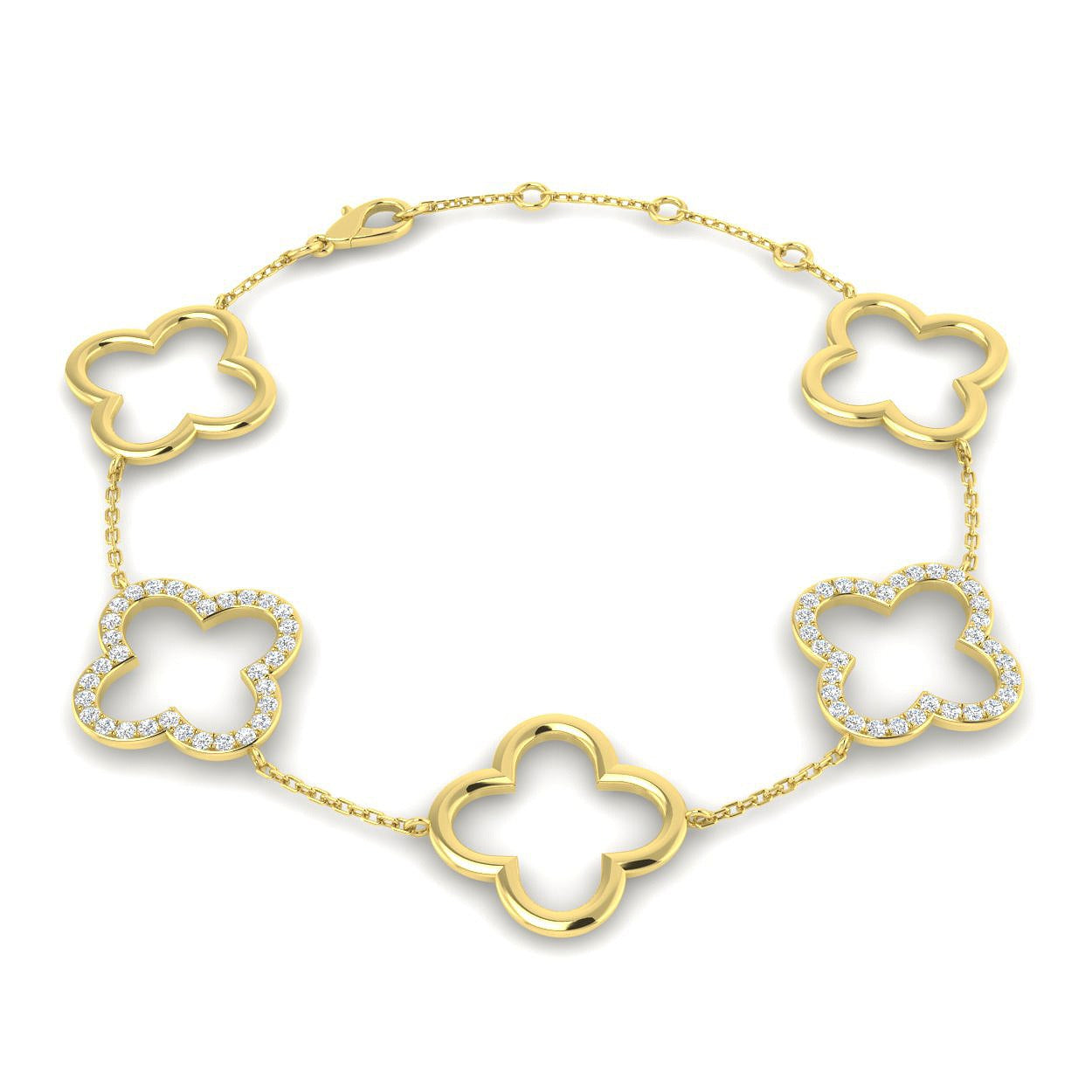 18K Gold Lab Grown Diamond Four Leaf Clover Bracelet – Pave Set with Chain & Lobster Clasp