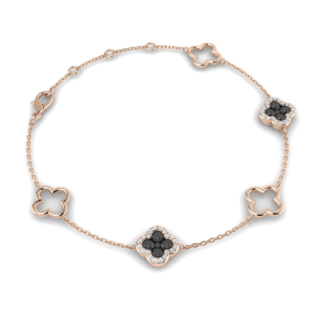 Elegant Natural Round Black Diamond Clover Chain Bracelet in Gold or Platinum