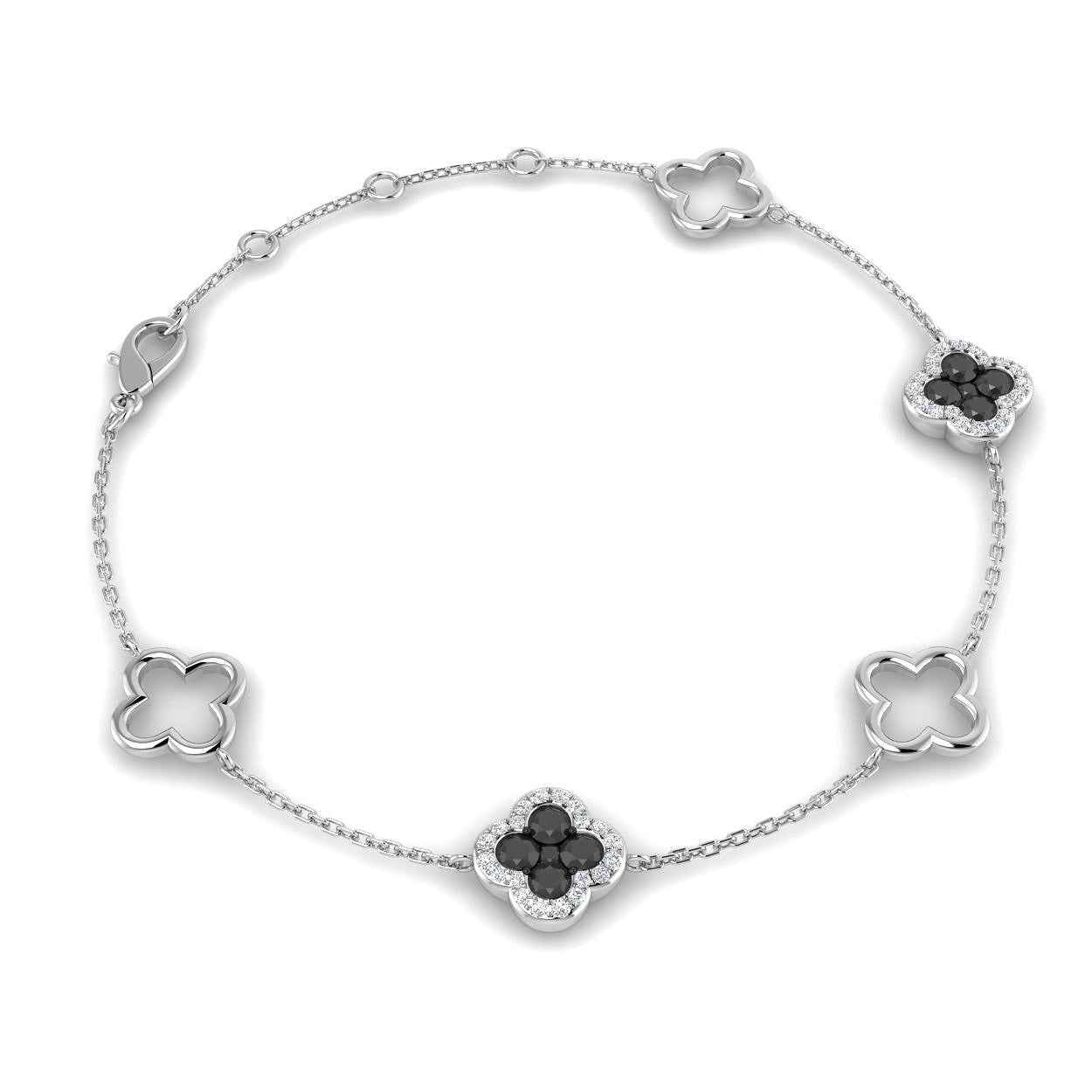 Elegant Natural Round Black Diamond Clover Chain Bracelet in Gold or Platinum