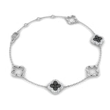 Elegant Natural Round Black Diamond Clover Chain Bracelet in Gold or Platinum