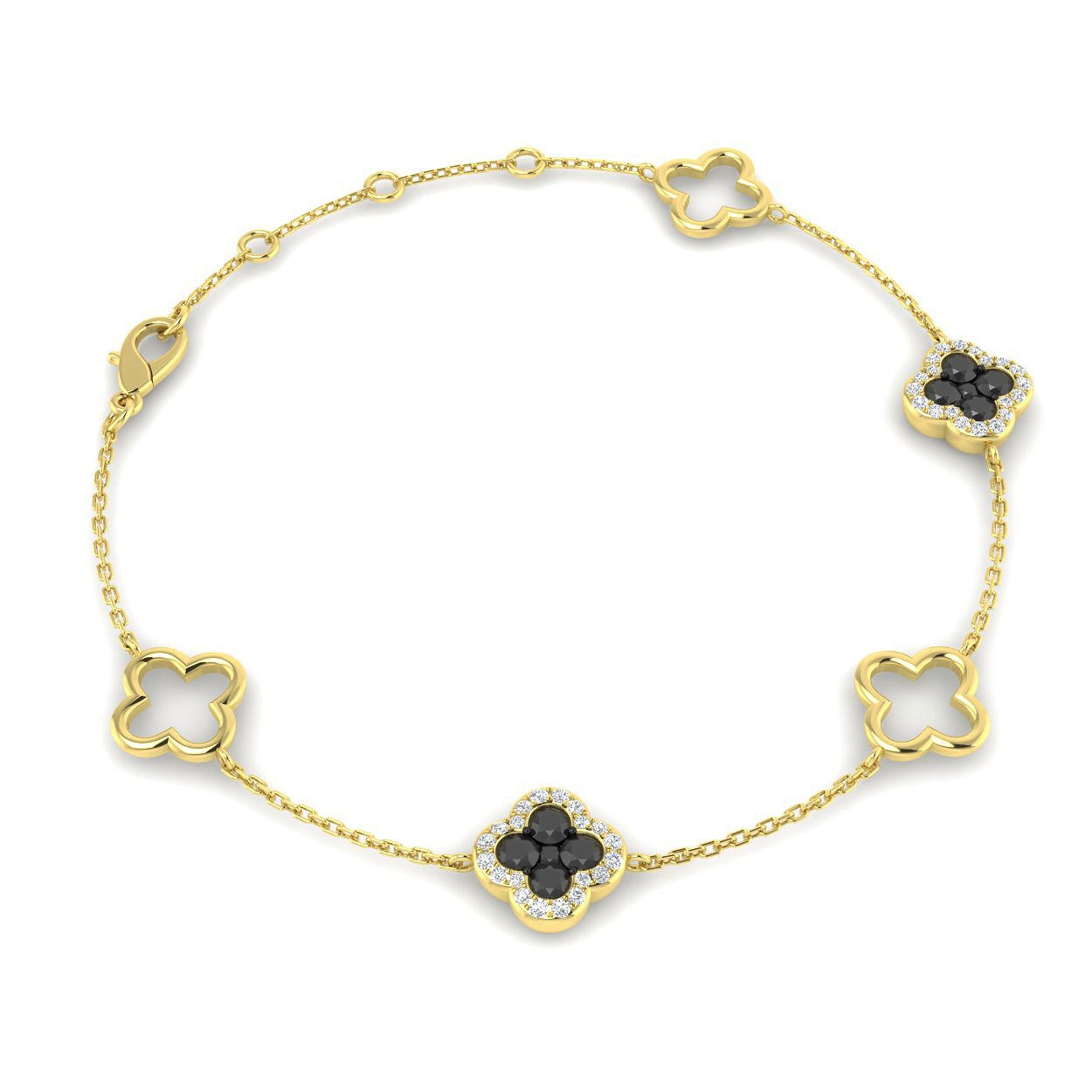 Elegant Natural Round Black Diamond Clover Chain Bracelet in Gold or Platinum