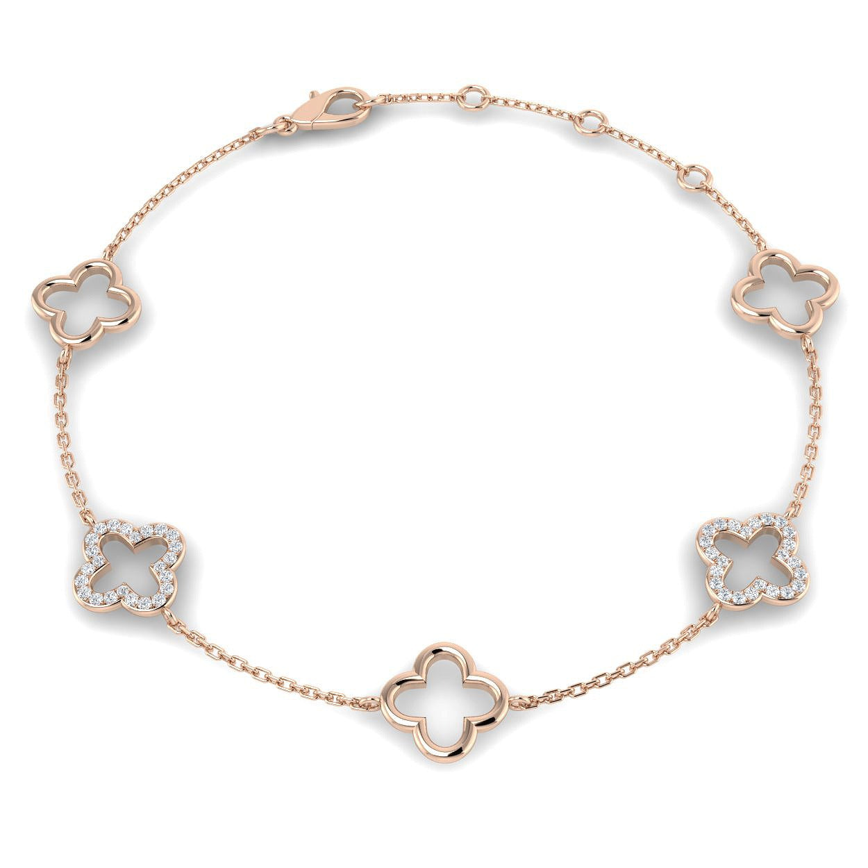 18K Gold Lab Grown Diamond Four Leaf Clover Bracelet – Pave Set with Chain & Lobster Clasp