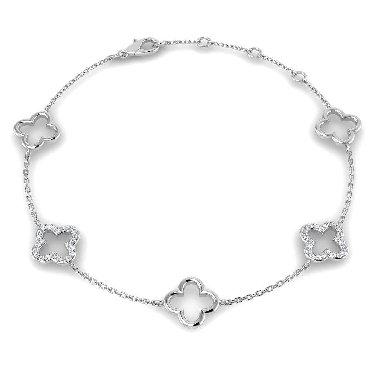 18K Gold Lab Grown Diamond Four Leaf Clover Bracelet – Pave Set with Chain & Lobster Clasp