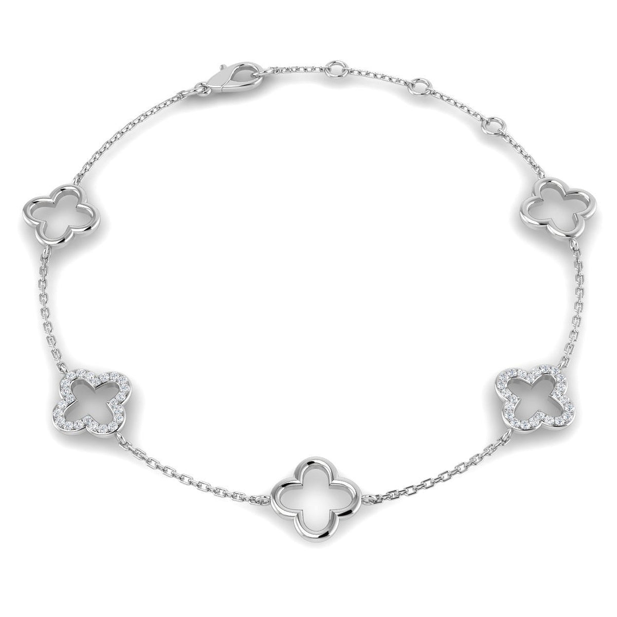18K Gold Lab Grown Diamond Four Leaf Clover Bracelet – Pave Set with Chain & Lobster Clasp