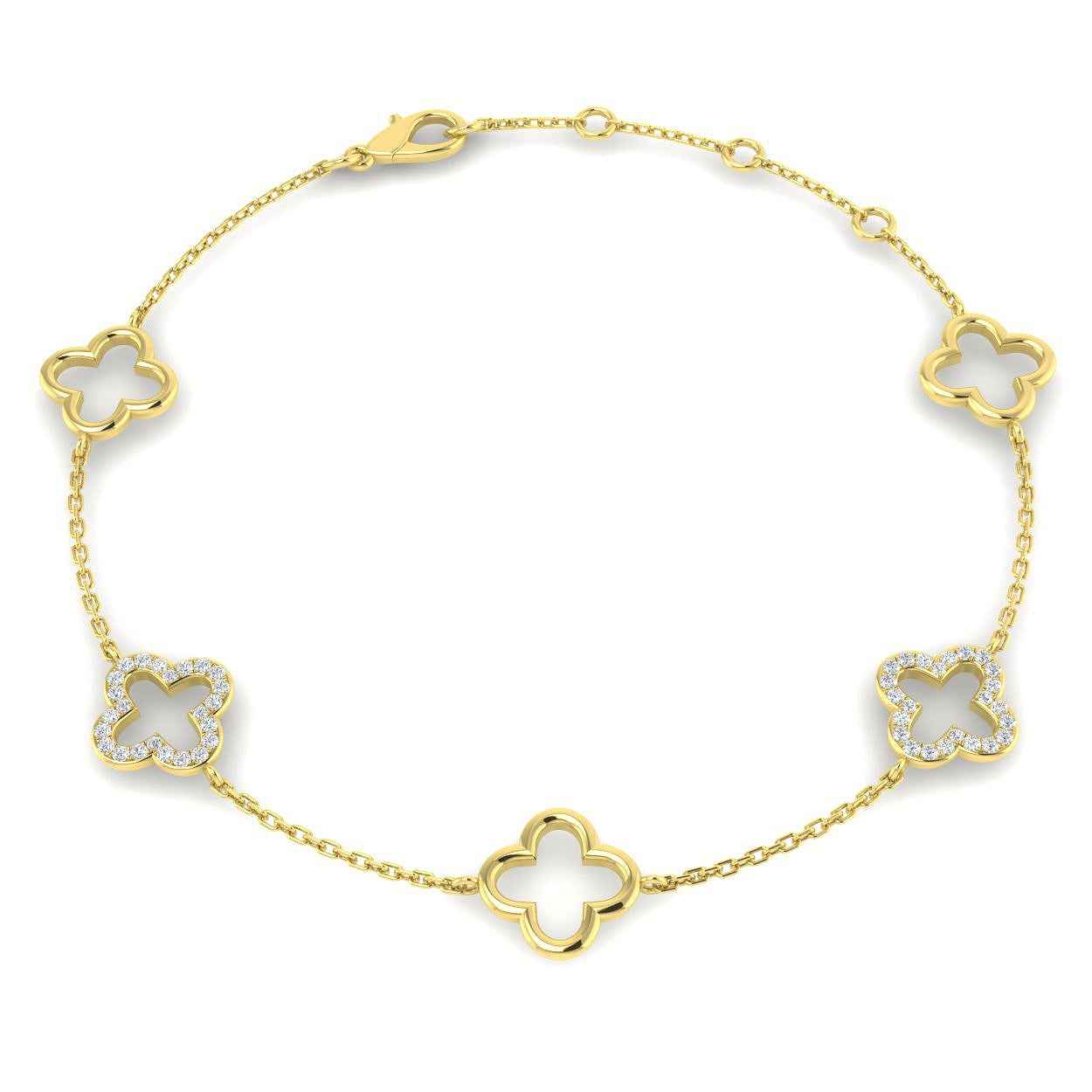 18K Gold Lab Grown Diamond Four Leaf Clover Bracelet – Pave Set with Chain & Lobster Clasp