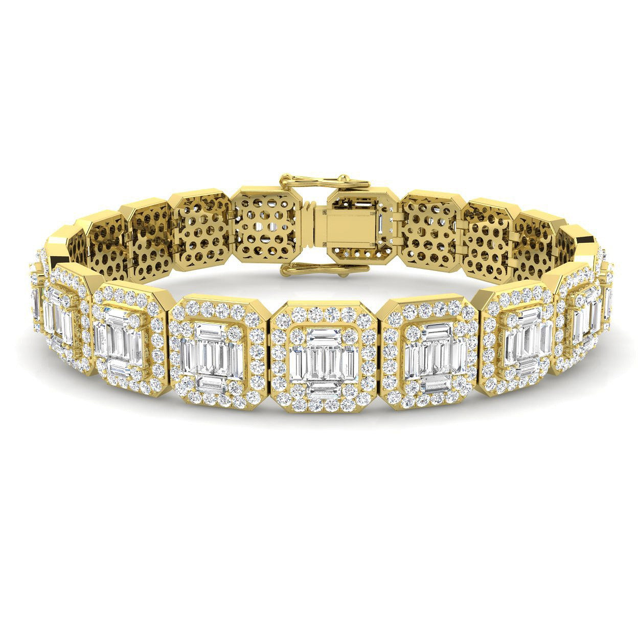Baguette & Round Cut Emerald Style Natural Diamond Bracelet in Gold & Platinum