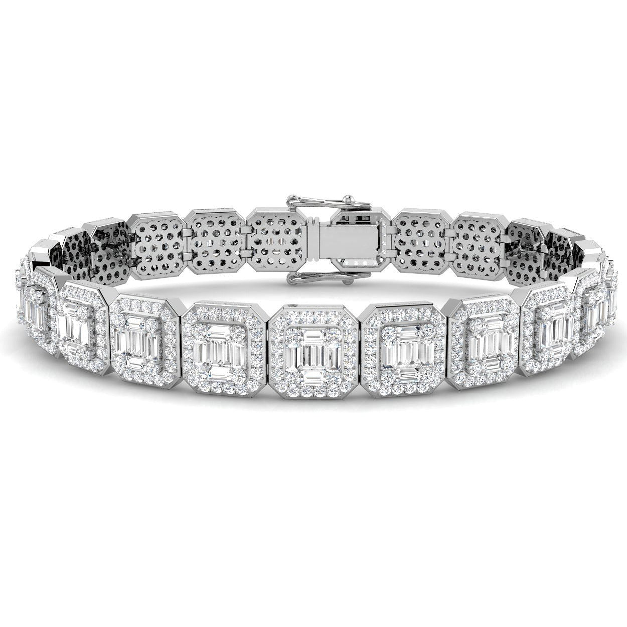 Baguette & Round Cut Emerald Style Natural Diamond Bracelet in Gold & Platinum