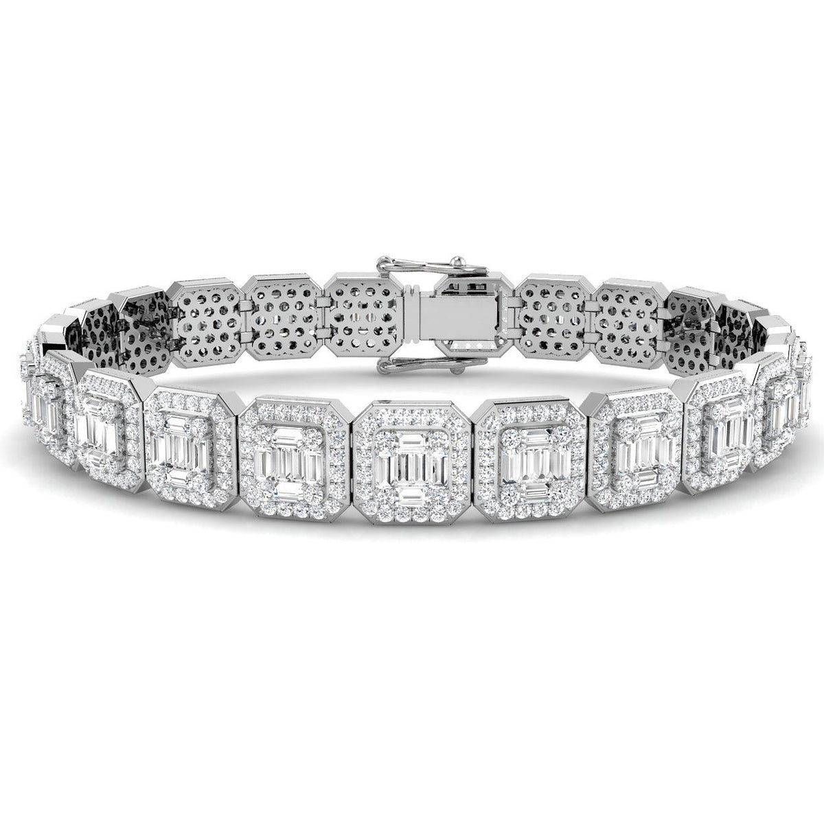 Baguette & Round Cut Emerald Style Natural Diamond Bracelet in Gold & Platinum