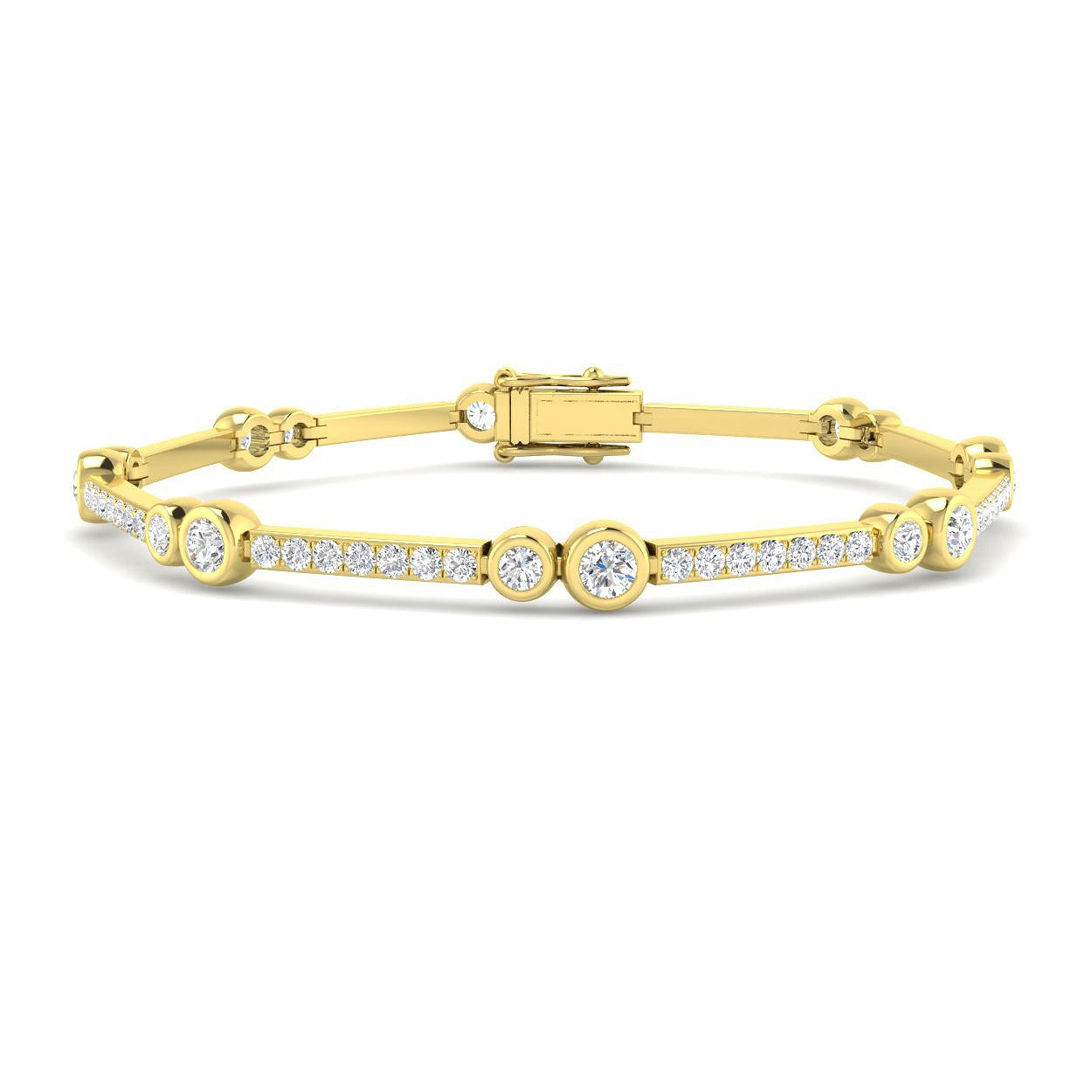 9K Yellow Gold Lab Grown Diamond Station Bracelet – Round Bezel & Pave Set Diamond Bar Bracelet with Box Clasp