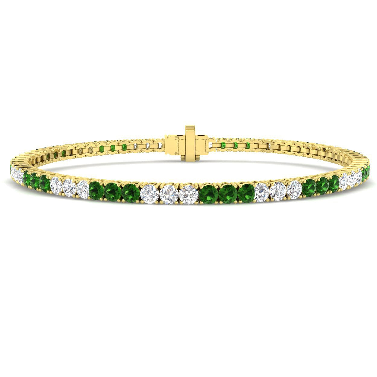 Round Brilliant Cut Tsavorite and Natural Diamond Tennis Bracelet in 18K Solid Gold