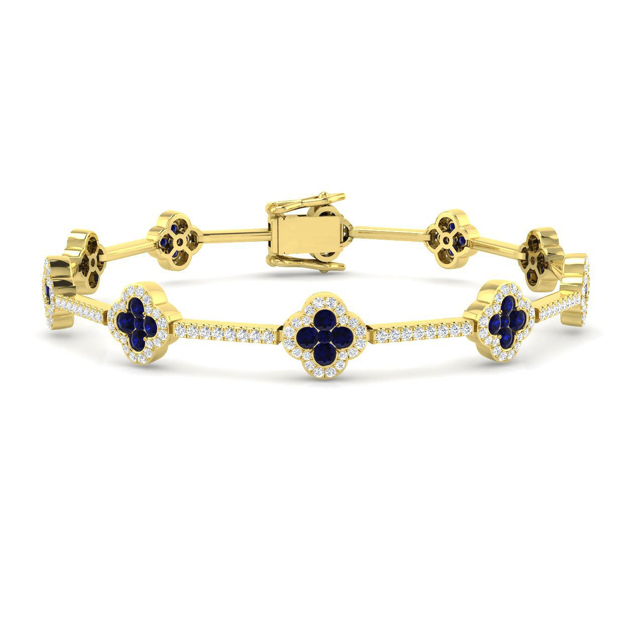 Clover Set 18K Yellow Gold Diamond Tennis Bracelet in Blue Sapphire Gemstone
