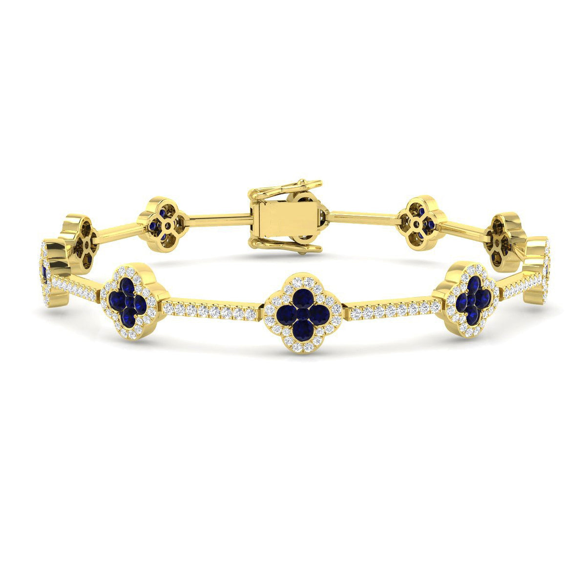Clover Set 18K Yellow Gold Diamond Tennis Bracelet in Blue Sapphire Gemstone