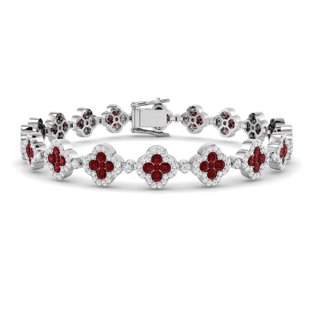 18K White Gold Clover Set Ruby Gemstone and Round Diamond Tennis Bracelet in Pave Set