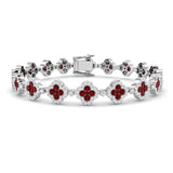 18K White Gold Clover Set Ruby Gemstone and Round Diamond Tennis Bracelet in Pave Set