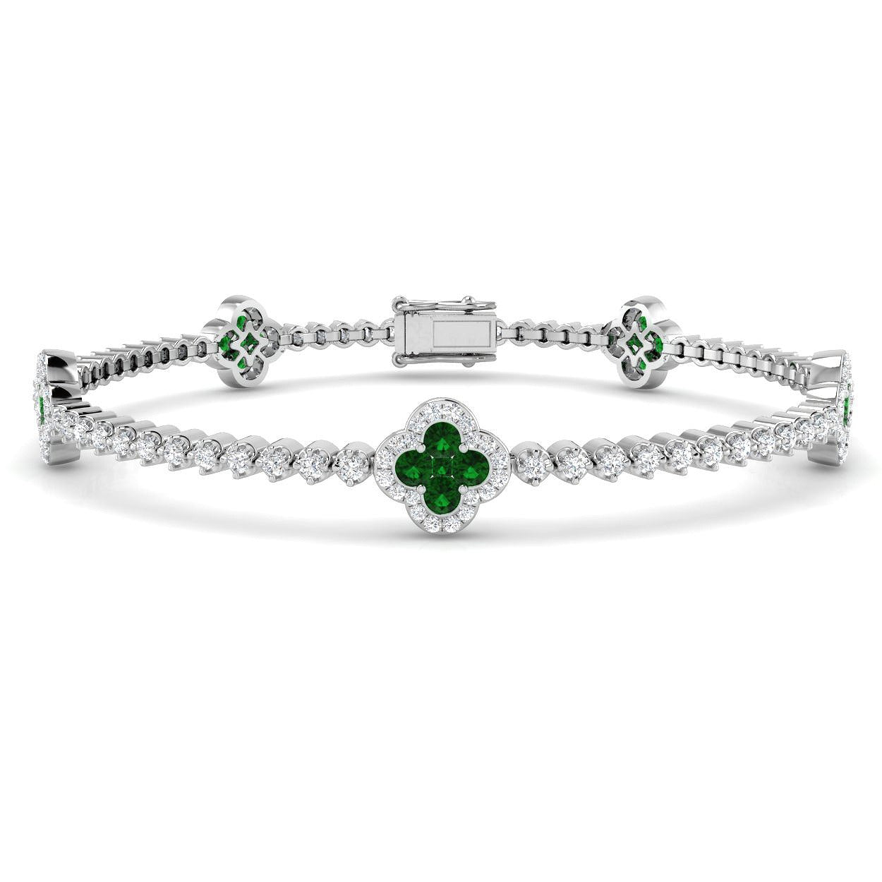 Clover Style Round Cut Emerald Gemstone with Natural Diamond Bracelet in 18K Solid Gold
