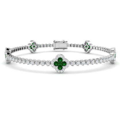 Clover Style Round Cut Emerald Gemstone with Natural Diamond Bracelet in 18K Solid Gold