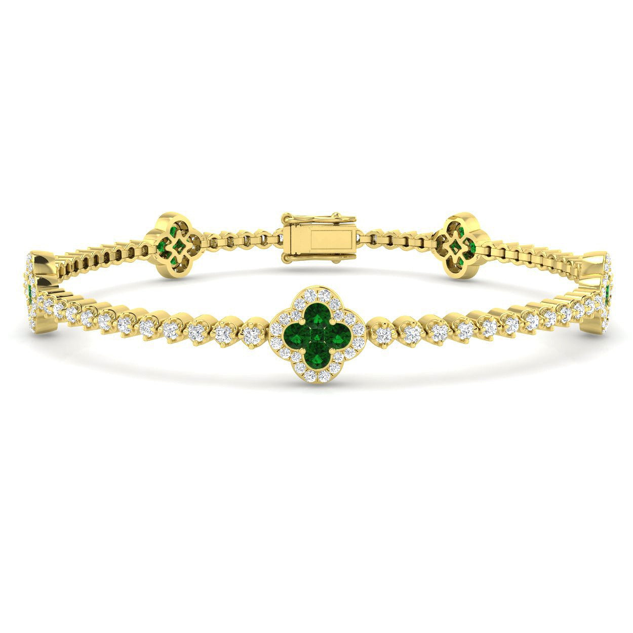 Clover Style Round Cut Emerald Gemstone with Natural Diamond Bracelet in 18K Solid Gold